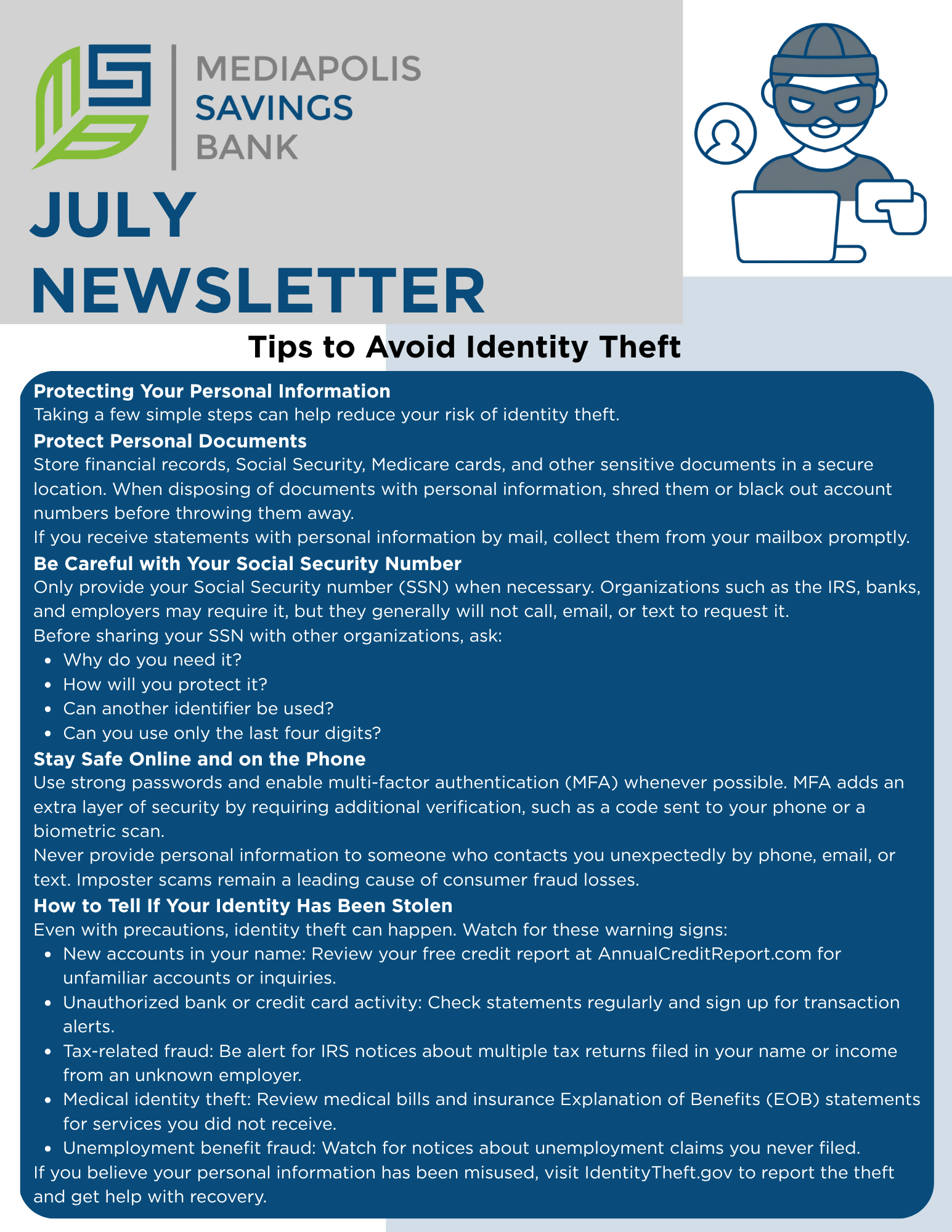 july 2026 newsletter. tips to avoid indenity theft.